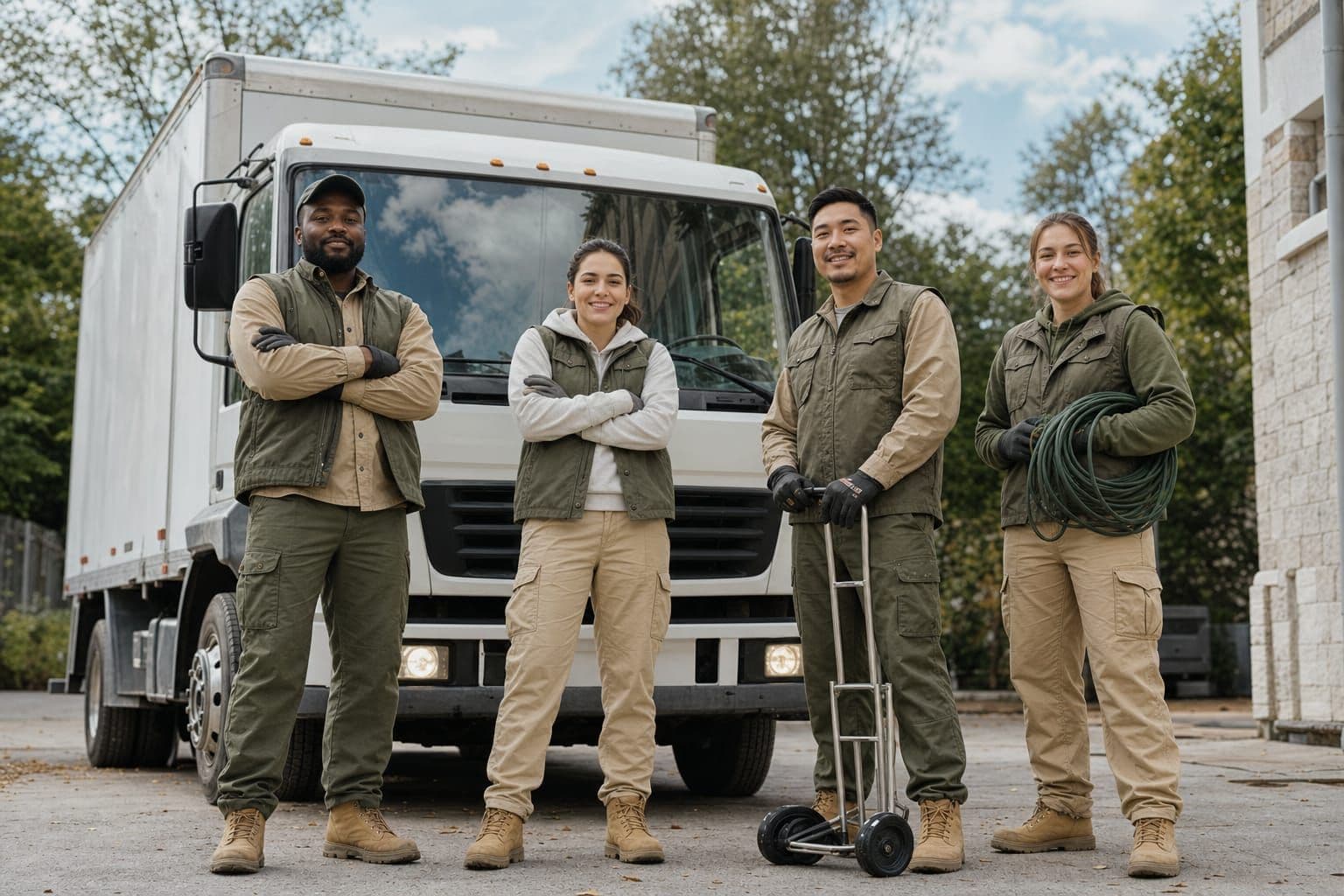 Four-person Ottawa Enviro Services crew standing with work gear in front of their box truck