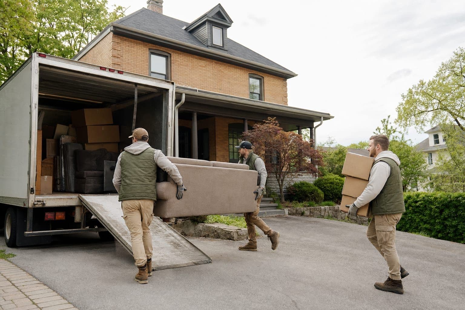Three Ottawa Enviro Services workers loading a sofa and cardboard into a box truck outside a brick home