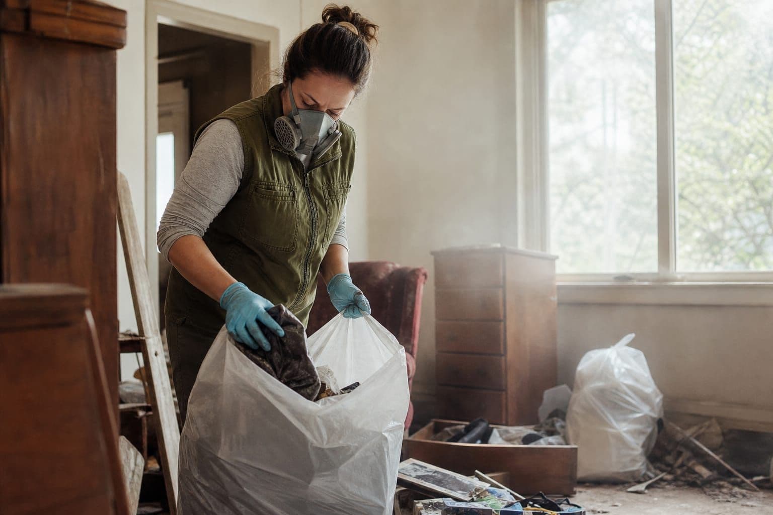Protective cleanup worker carefully sorting bagged belongings in a partly cleared Ottawa room