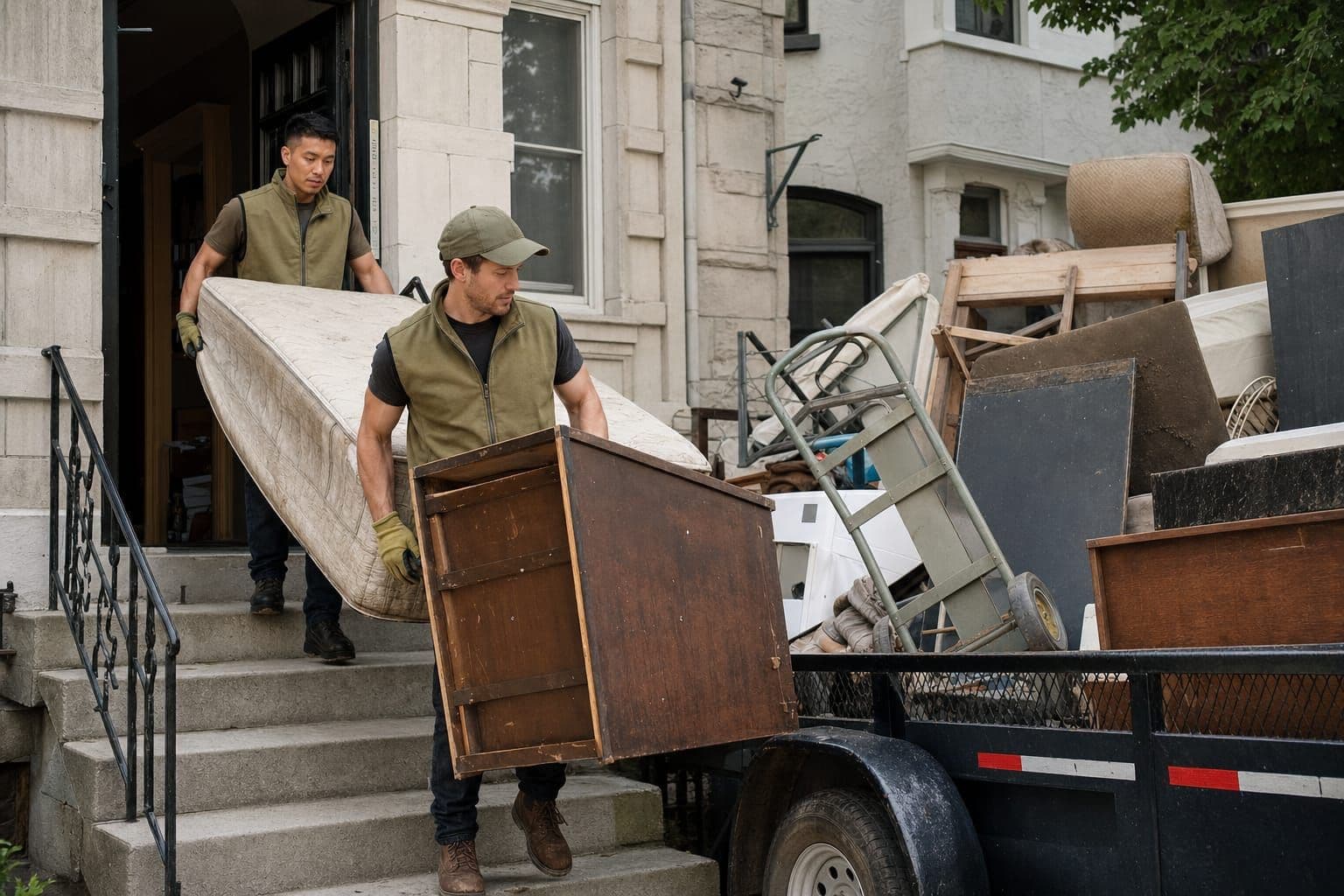 Two Ottawa junk removal workers carrying a mattress and dresser toward a loaded utility trailer