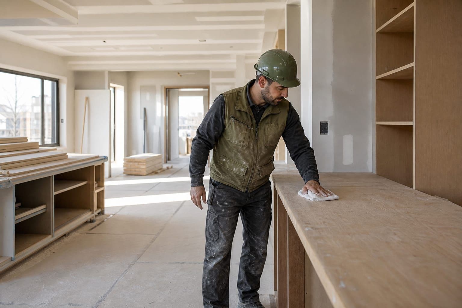 Worker clearing offcuts and construction dust from a newly built Ottawa interior