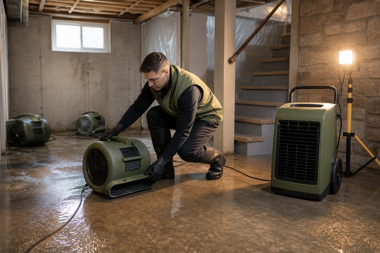 Flood restoration technician setting up air movers and a dehumidifier in a damp Ottawa basement